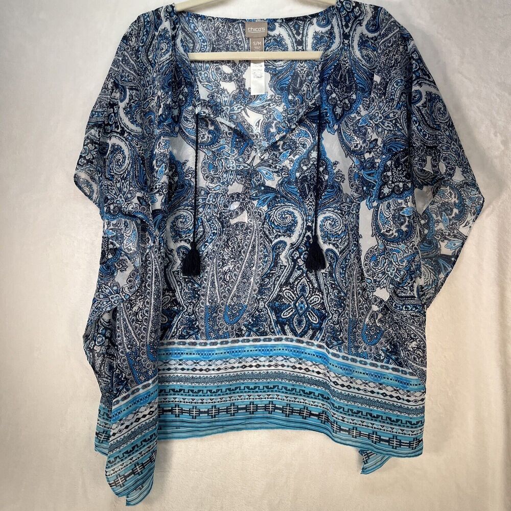 Chico’s Paisley Poncho Top Women’s Sz Small Medium Sheer Tassel Beachy‎ Boho